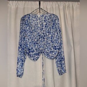 H&M Blue and White Floral Drawstring Crop Blouse